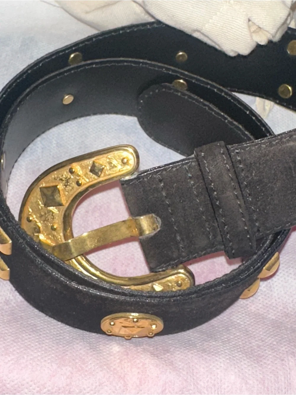 vintage Escada Gold Studded Oval Buckle Women's Belt - Black
